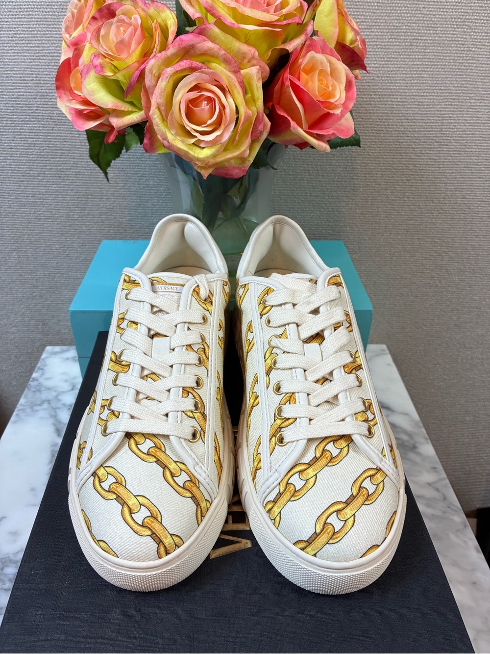 Versace Women’s Chain Stripes Greca Fabric Sneakers - EU Size 39 = US 9 NIB